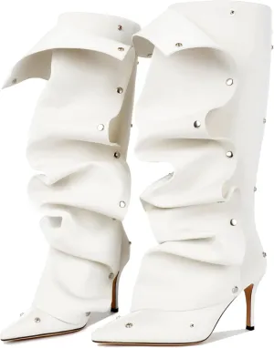 Knee High Boots for Women, Pointed Toe Stiletto Shark Boots, Detachable High Heels Fold Over Long Boots Ruched Slouchy Tall Studded Sexy Boots for Women