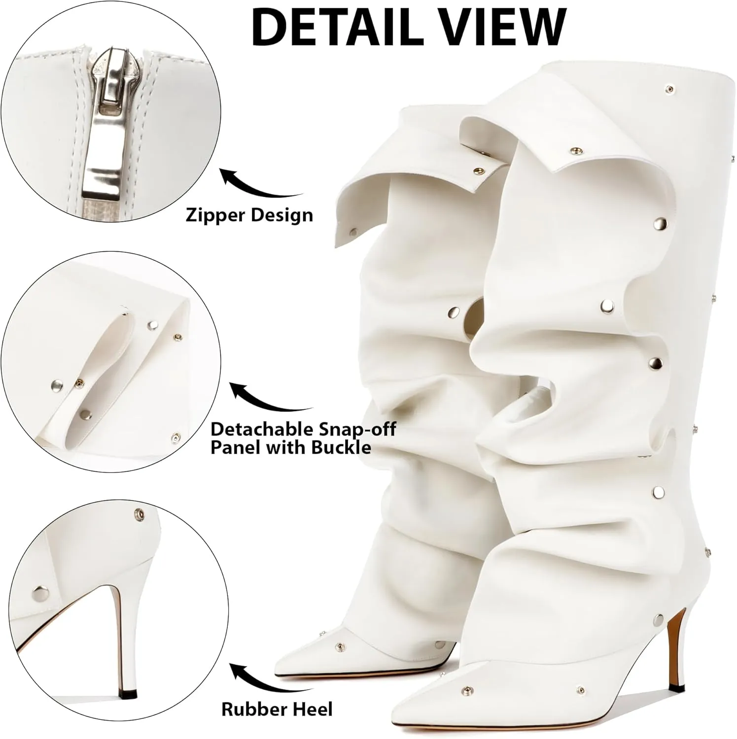Knee High Boots for Women, Pointed Toe Stiletto Shark Boots, Detachable High Heels Fold Over Long Boots Ruched Slouchy Tall Studded Sexy Boots for Women