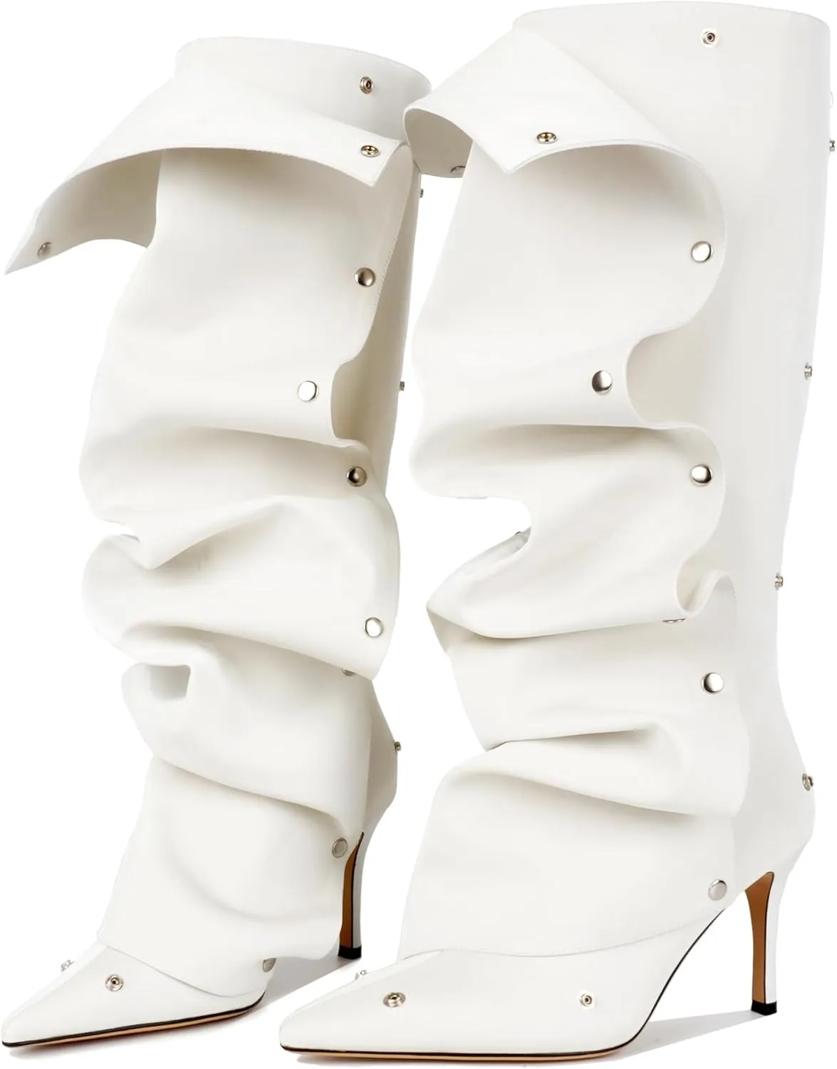 Knee High Boots for Women, Pointed Toe Stiletto Shark Boots, Detachable High Heels Fold Over Long Boots Ruched Slouchy Tall Studded Sexy Boots for Women