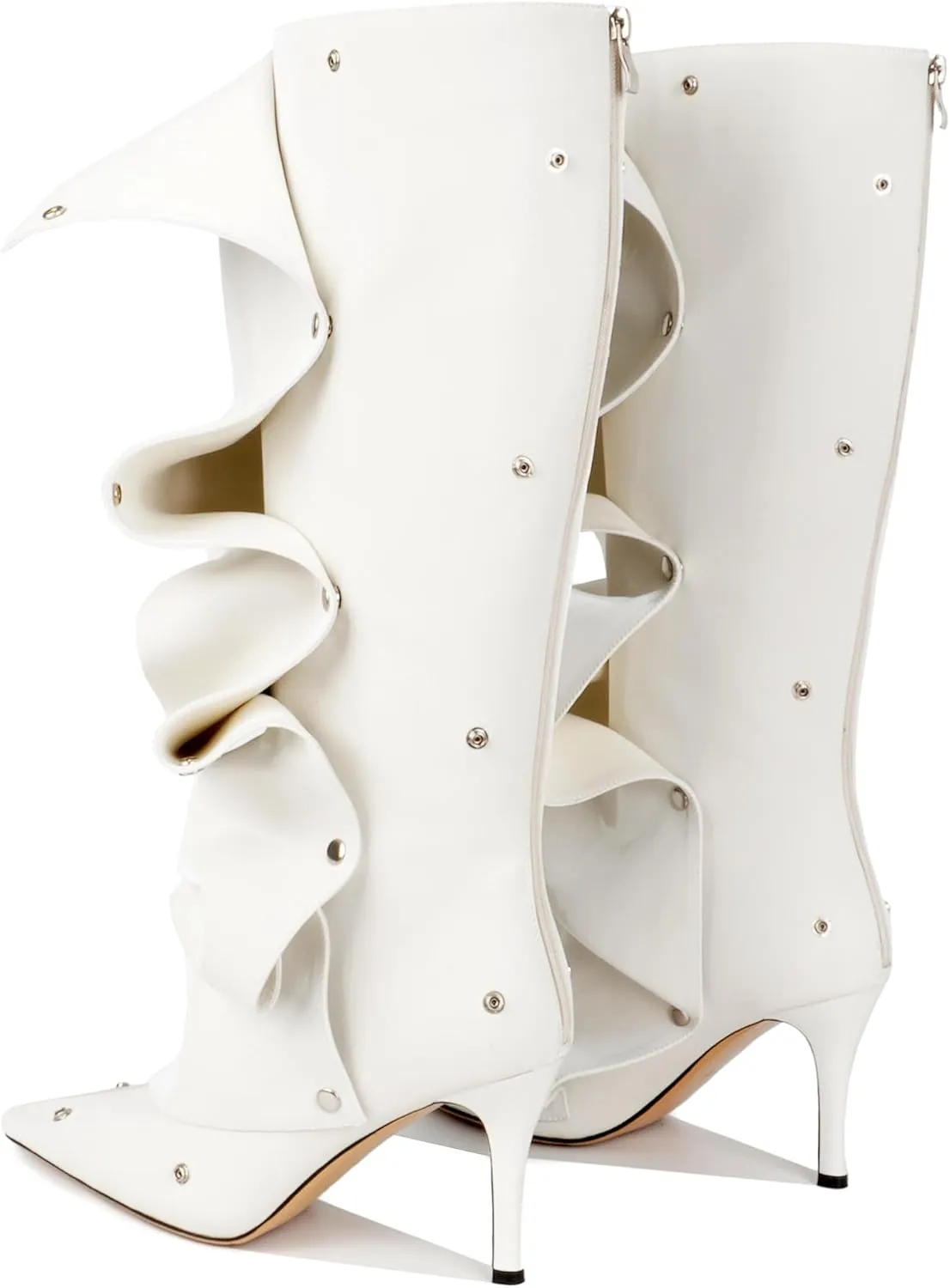 Knee High Boots for Women, Pointed Toe Stiletto Shark Boots, Detachable High Heels Fold Over Long Boots Ruched Slouchy Tall Studded Sexy Boots for Women