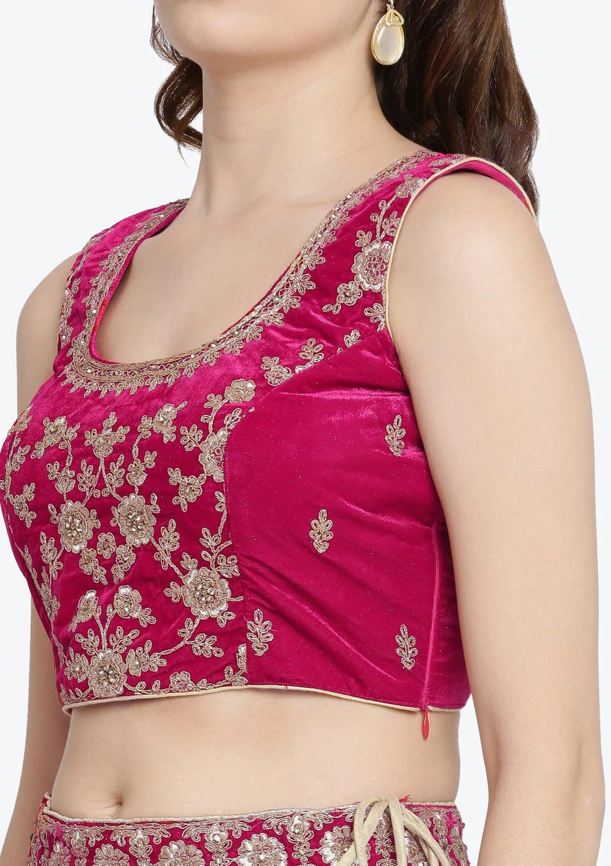 Koskii Fuschia Zariwork Velvet Semi Stitched Lehenga