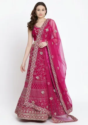 Koskii Fuschia Zariwork Velvet Semi Stitched Lehenga