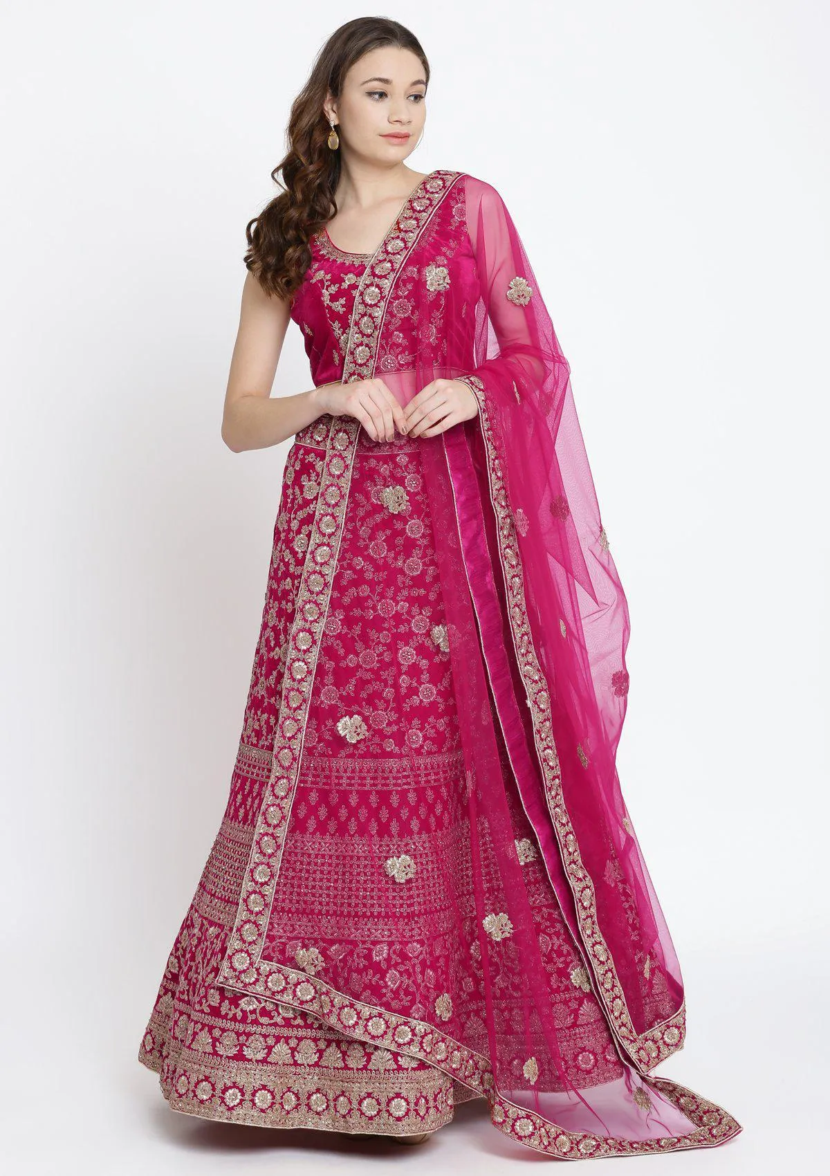 Koskii Fuschia Zariwork Velvet Semi Stitched Lehenga