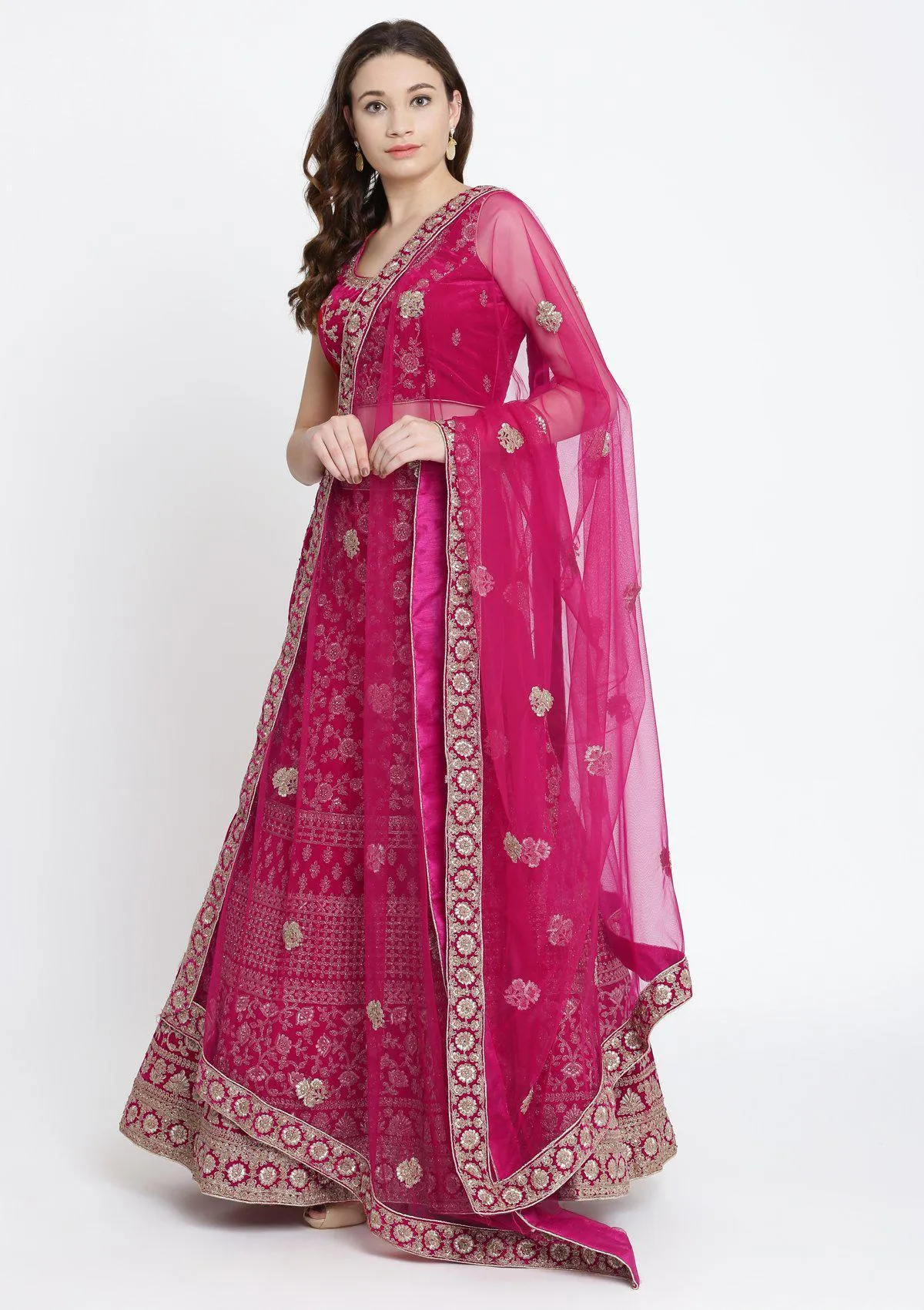 Koskii Fuschia Zariwork Velvet Semi Stitched Lehenga