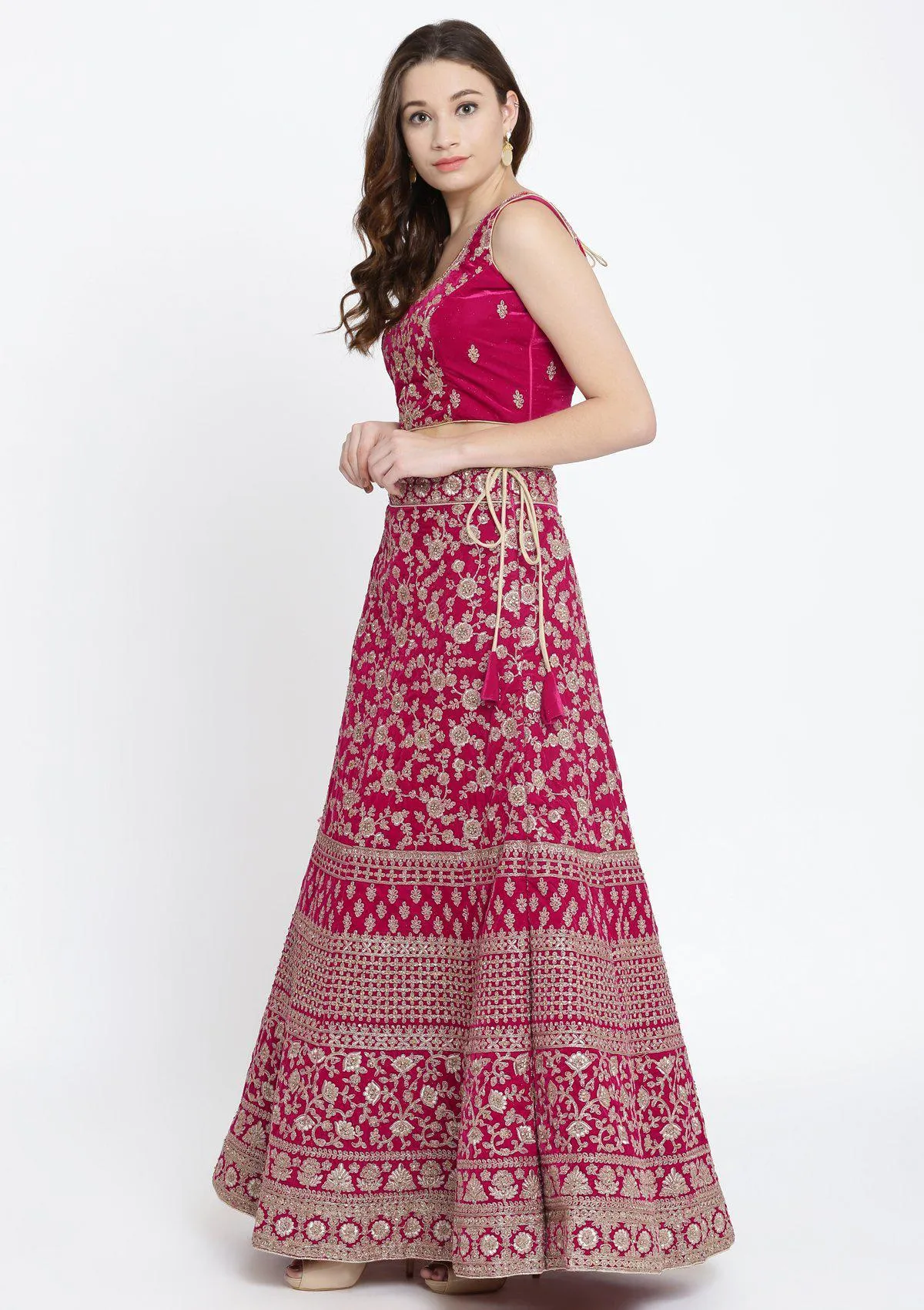 Koskii Fuschia Zariwork Velvet Semi Stitched Lehenga