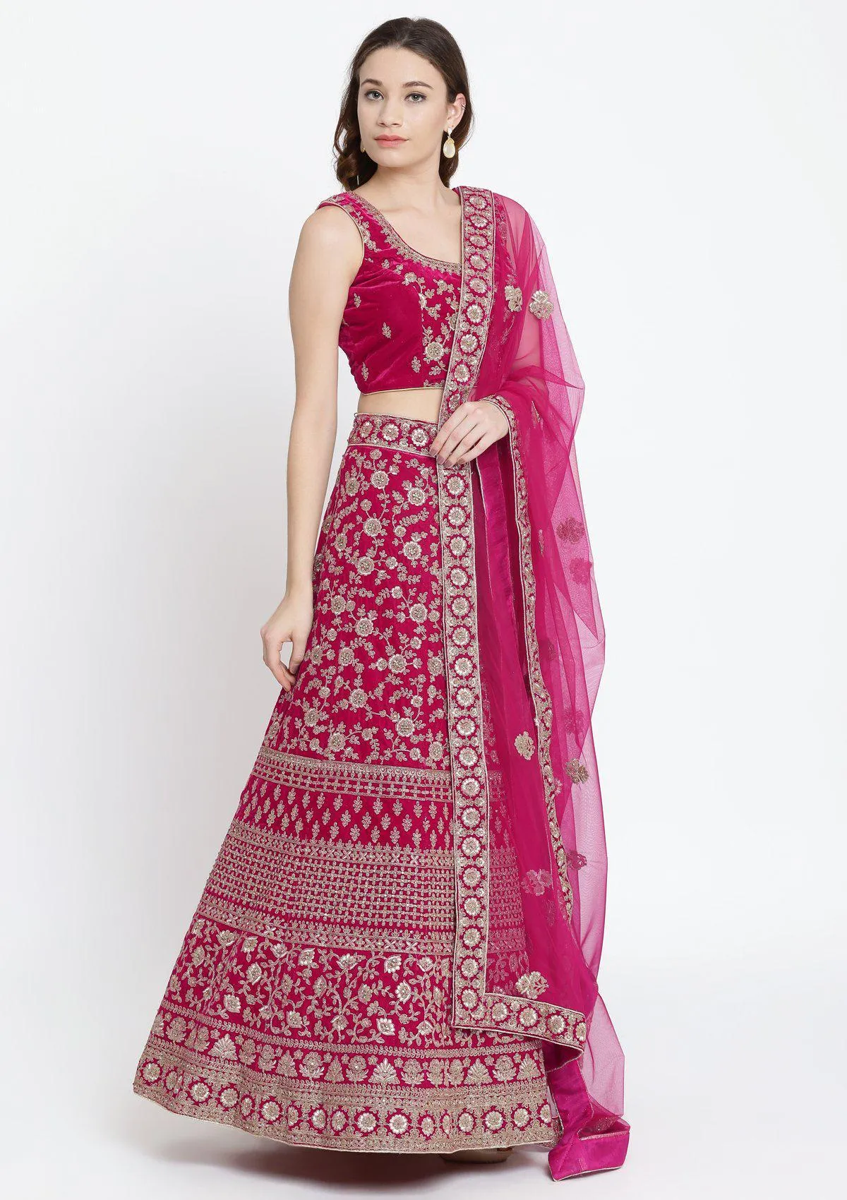 Koskii Fuschia Zariwork Velvet Semi Stitched Lehenga