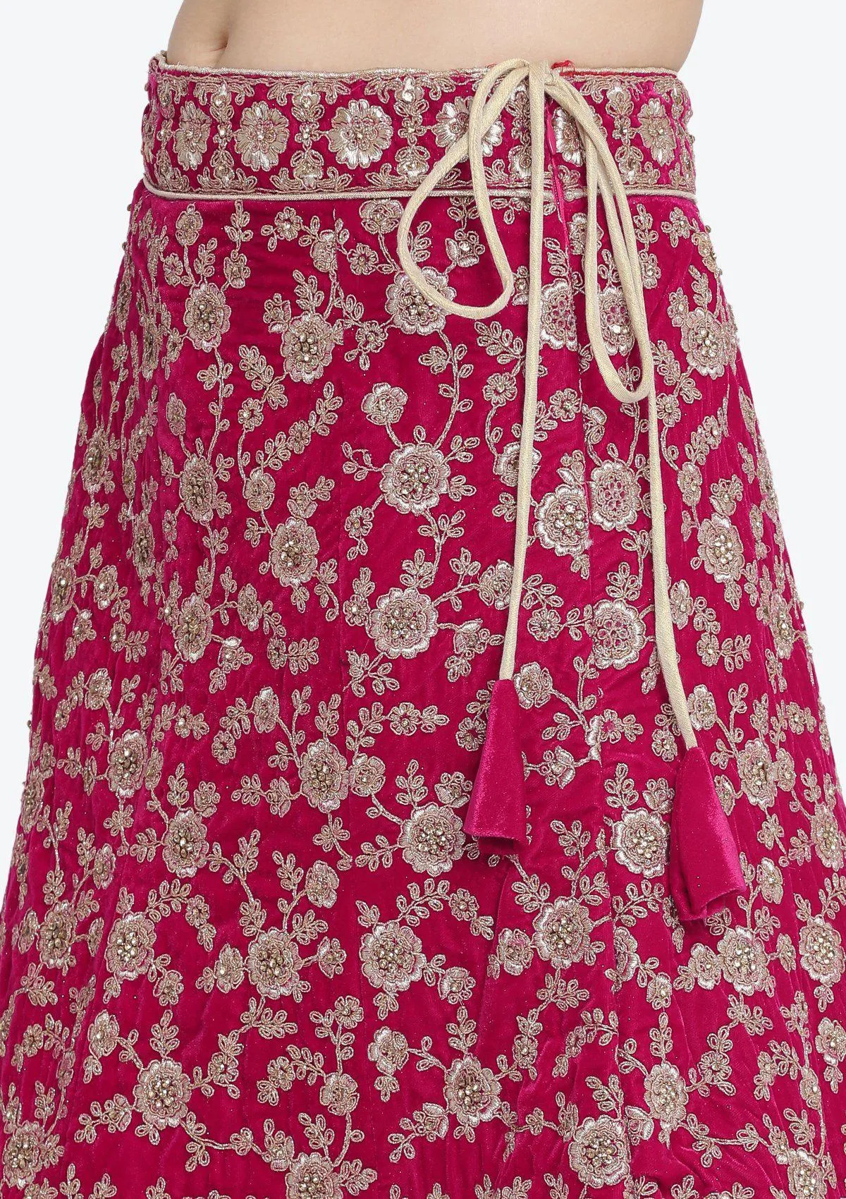Koskii Fuschia Zariwork Velvet Semi Stitched Lehenga