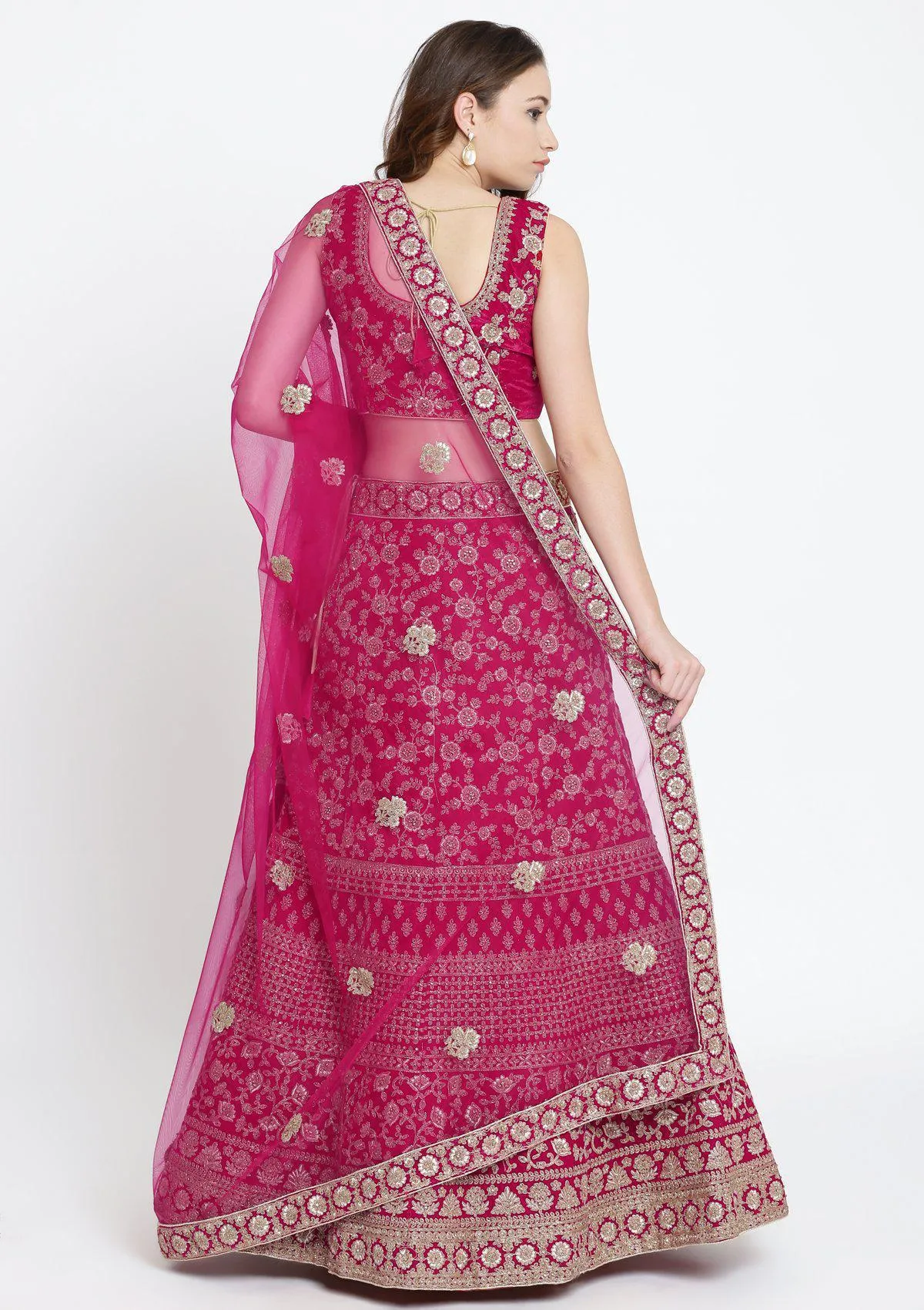 Koskii Fuschia Zariwork Velvet Semi Stitched Lehenga