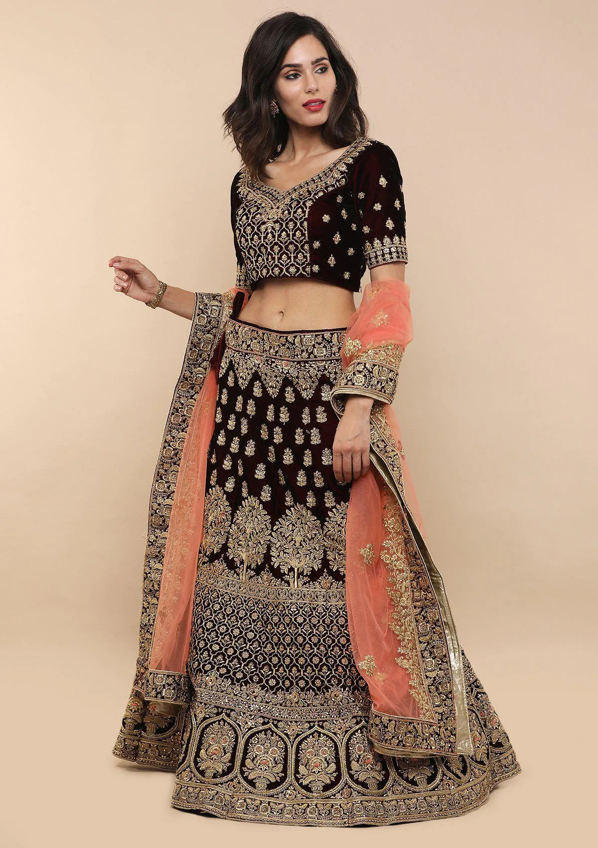 KOSKII MAROON ZARI WORK BRIDAL LEHENGA