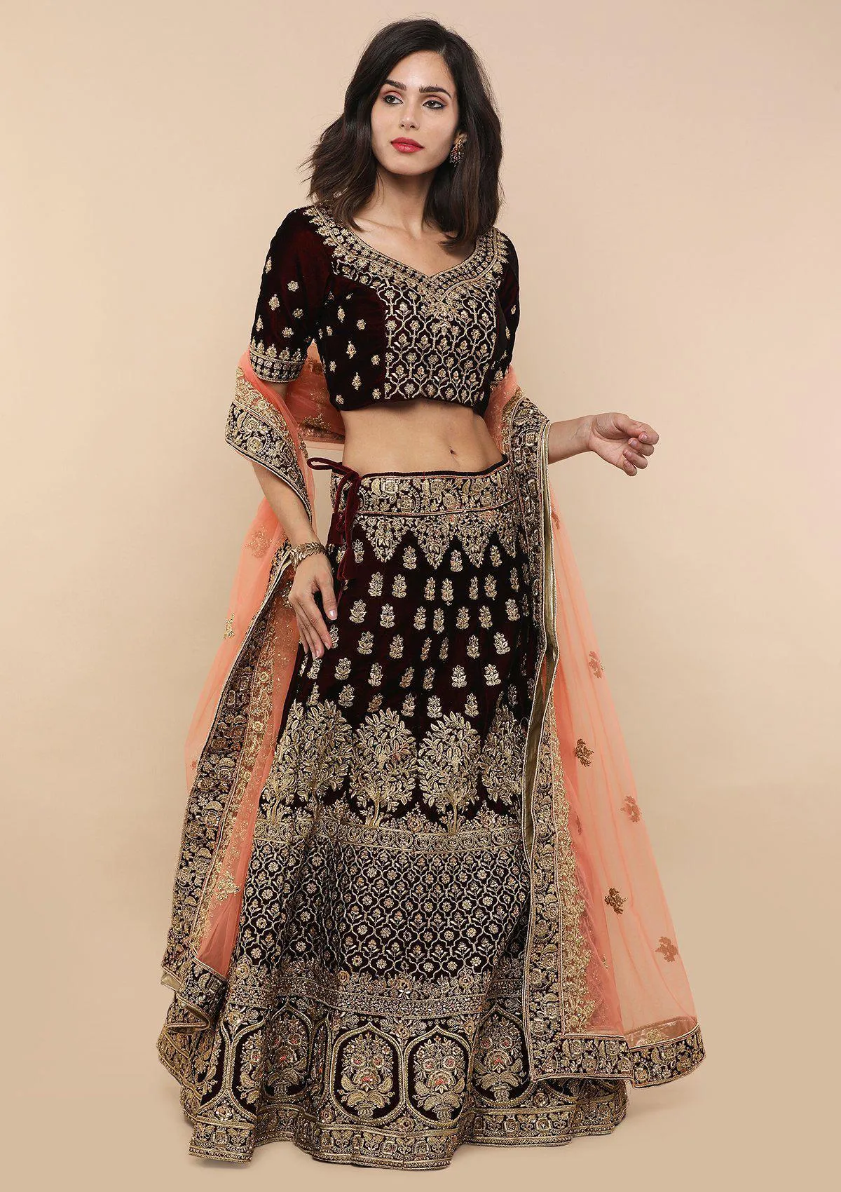 KOSKII MAROON ZARI WORK BRIDAL LEHENGA