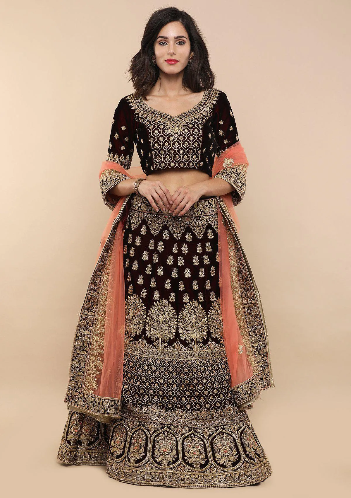 KOSKII MAROON ZARI WORK BRIDAL LEHENGA