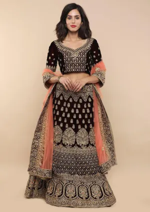 KOSKII MAROON ZARI WORK BRIDAL LEHENGA