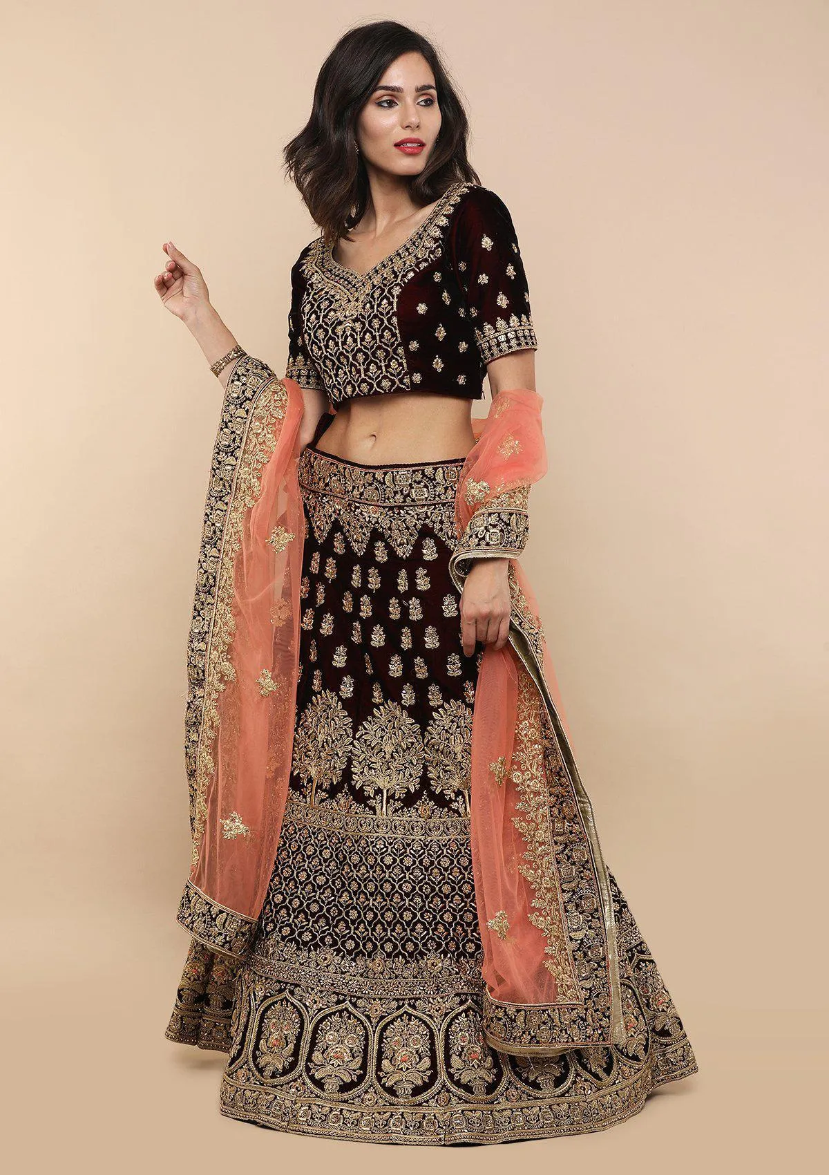 KOSKII MAROON ZARI WORK BRIDAL LEHENGA