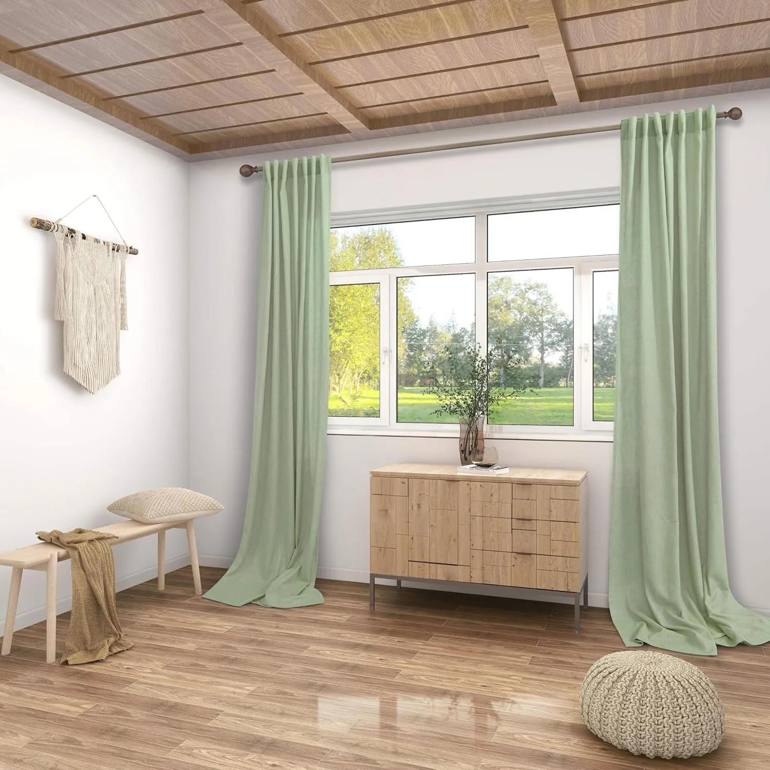 KOUFALL Sage Green Curtains 84 Inches Long for Bedroom 2 Panel Sets,Neutral Linen Boho Sheer Curtains for Living Room Window Baby Nursery,84 Inch Length,Grey Light Green