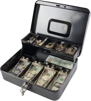 KYODOLED Locking Cash Box with Lock,Money Box with Cash Tray,Lock Safe Box with Key,Money Saving Organizer,11.81Lx 9.45Wx 3.54H Inches,Black XL Large