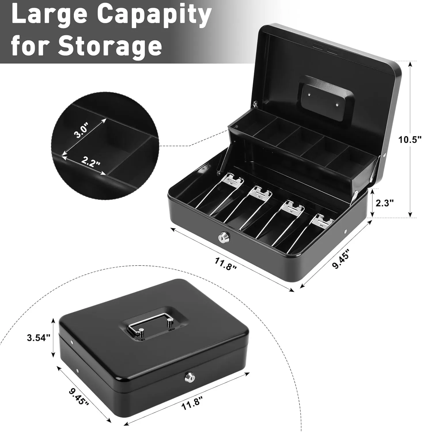 KYODOLED Locking Cash Box with Lock,Money Box with Cash Tray,Lock Safe Box with Key,Money Saving Organizer,11.81Lx 9.45Wx 3.54H Inches,Black XL Large