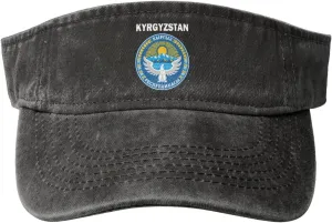 Kyrgyzstan Coat of Arms Flag Washed Denim Visor Hat for Men & Women, Adjustable Sun Cap with UV Protection