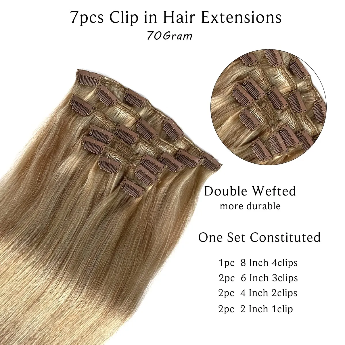 Labetti Clip in Hair Extensions Human Hair with Blonde Highlights 7 Pieces 70g Silky Straight Weft Remy Hair(18 inches, #27-613)