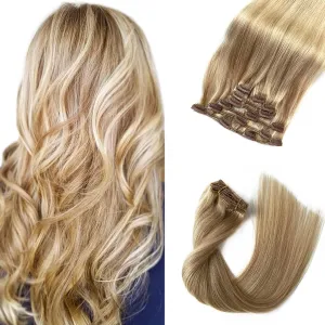 Labetti Clip in Hair Extensions Human Hair with Blonde Highlights 7 Pieces 70g Silky Straight Weft Remy Hair(18 inches, #27-613)