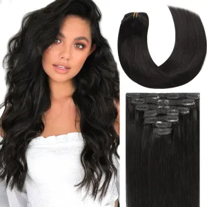Lacer Black Hair Extensions Clip in Human Hair 140g 7 pcs Double Weft Straight Lace Clip in Hair Extensions in Natural Black #1B 22 Inch Full Head Set Clip Ins