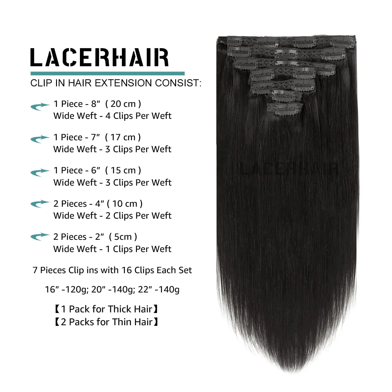 Lacer Black Hair Extensions Clip in Human Hair 140g 7 pcs Double Weft Straight Lace Clip in Hair Extensions in Natural Black #1B 22 Inch Full Head Set Clip Ins