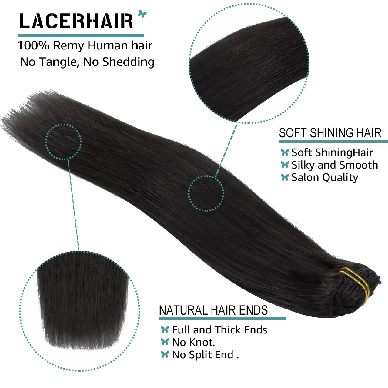 Lacer Black Hair Extensions Clip in Human Hair 140g 7 pcs Double Weft Straight Lace Clip in Hair Extensions in Natural Black #1B 22 Inch Full Head Set Clip Ins