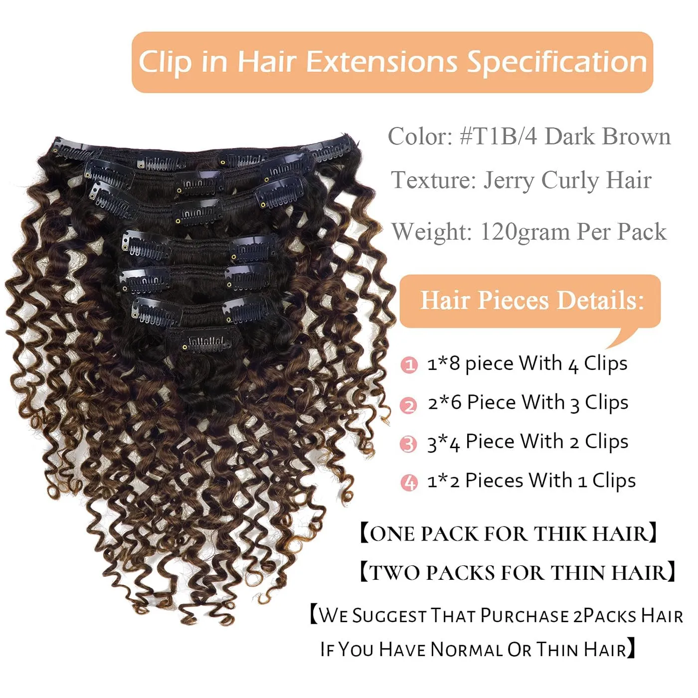 Lacer Jerry Curly Clip in Human Hair Extensions Real Remy 100% Brazilian Virgin Hair 120G Balayage Natural Black Fading into Dark Brown #1B/4 7 Pieces/Set 10-22 Inch (20 inch, Jerry Curly #1B/4)