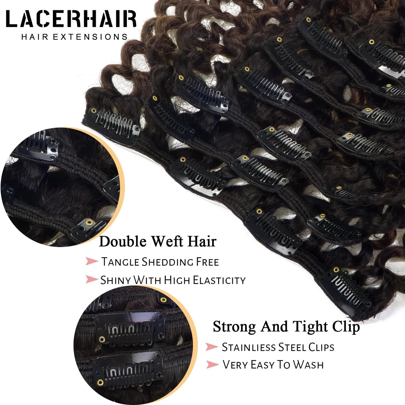Lacer Jerry Curly Clip in Human Hair Extensions Real Remy 100% Brazilian Virgin Hair 120G Balayage Natural Black Fading into Dark Brown #1B/4 7 Pieces/Set 10-22 Inch (20 inch, Jerry Curly #1B/4)