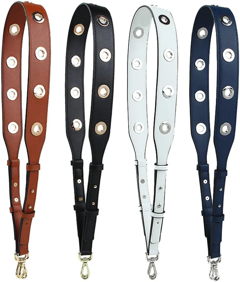 Ladies Wide PU Leather Shoulder Strap Round Rivet Perforated Adjustable Handbag Shoulder Bag Straps with Silver Metal Hardware Round Rivet Black