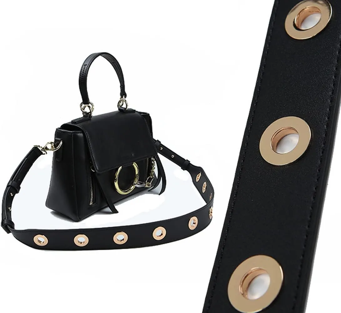Ladies Wide PU Leather Shoulder Strap Round Rivet Perforated Adjustable Handbag Shoulder Bag Straps with Silver Metal Hardware Round Rivet Black