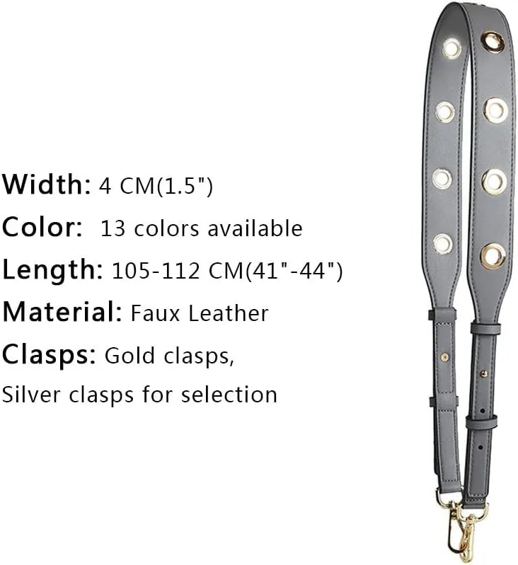 Ladies Wide PU Leather Shoulder Strap Round Rivet Perforated Adjustable Handbag Shoulder Bag Straps with Silver Metal Hardware Round Rivet Black