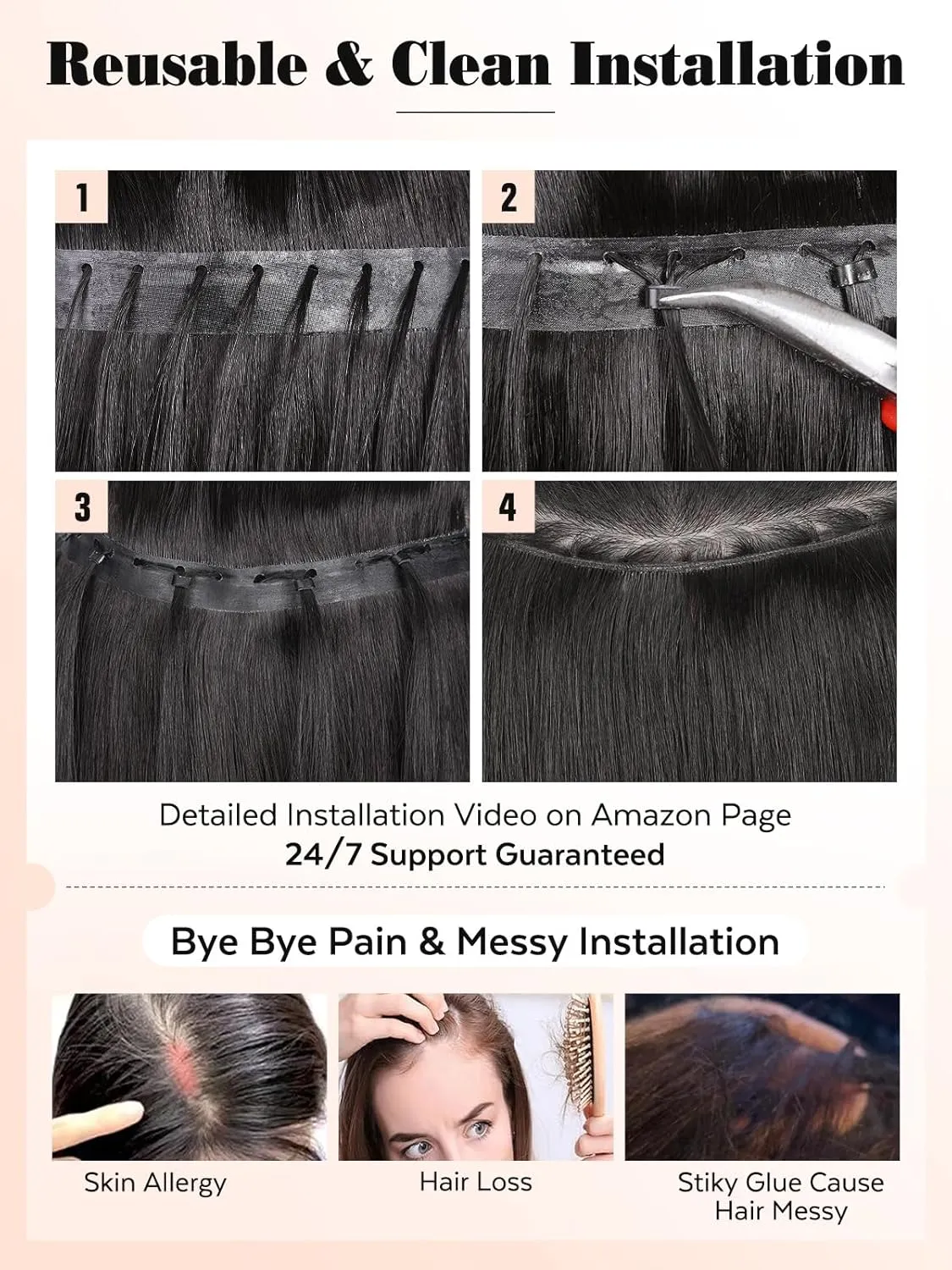 LADY MIRANDA 20 Inch 100g Double Weft Human Hair Extensions with Micro Ring Seamless Reusable Beaded Weft Hair Extensions Genius Handmade Twin Tabs Hair Extension Real Human Hair(1B, 20 Inch)