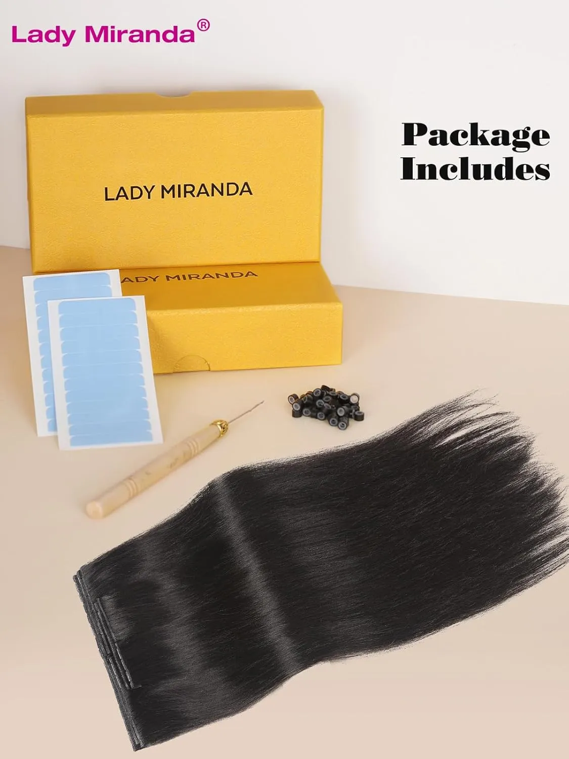 LADY MIRANDA 20 Inch 100g Double Weft Human Hair Extensions with Micro Ring Seamless Reusable Beaded Weft Hair Extensions Genius Handmade Twin Tabs Hair Extension Real Human Hair(1B, 20 Inch)