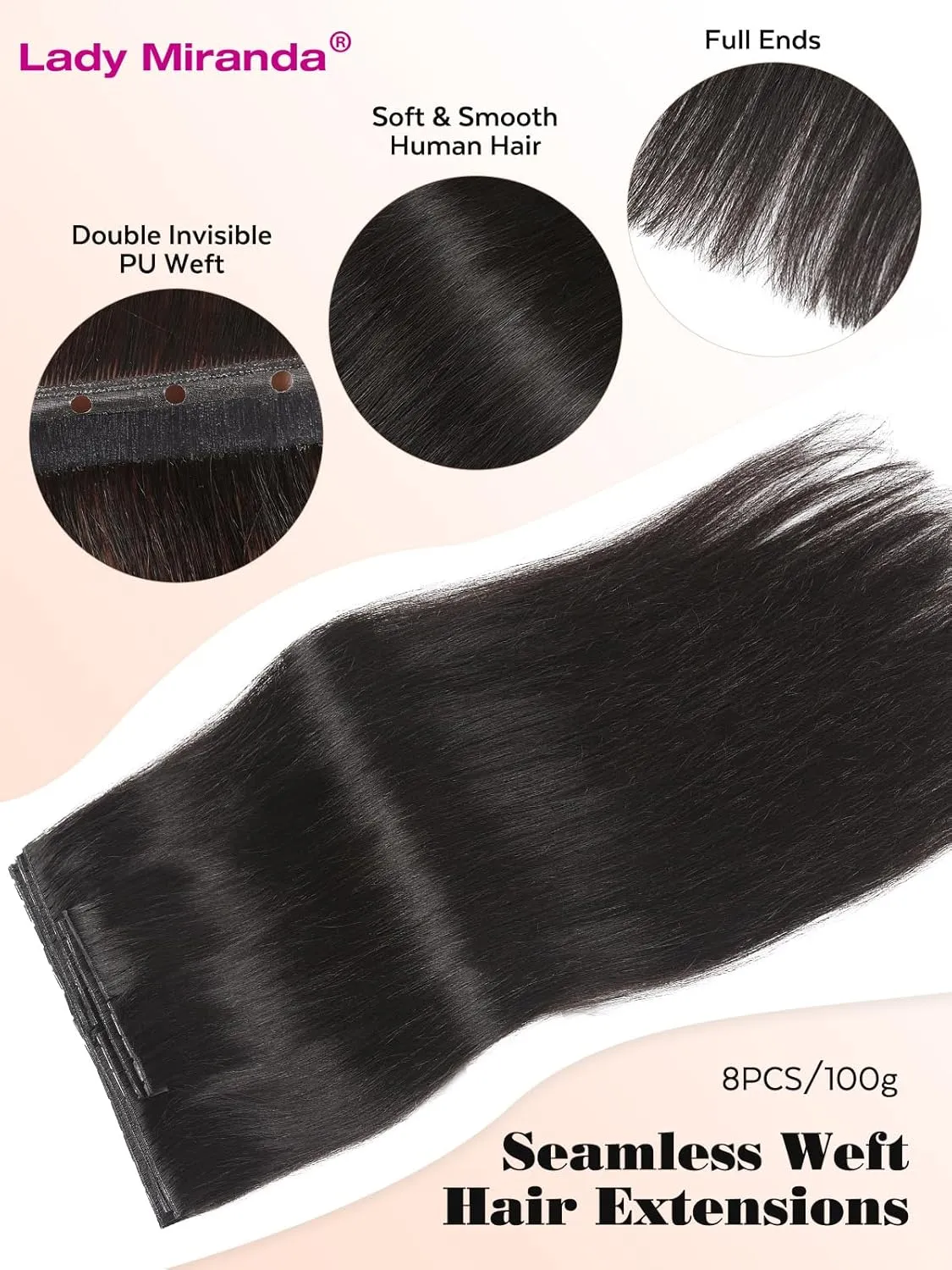 LADY MIRANDA 20 Inch 100g Double Weft Human Hair Extensions with Micro Ring Seamless Reusable Beaded Weft Hair Extensions Genius Handmade Twin Tabs Hair Extension Real Human Hair(1B, 20 Inch)