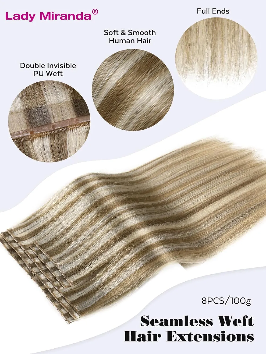 LADY MIRANDA 20 Inch Micro Bead Hair Extensions 100g 8PCS Double Weft Human Hair Extensions Reusable Seamless Weft & Handmade Twin Tabs for Effortless Volume(9A/60, 20 Inch)