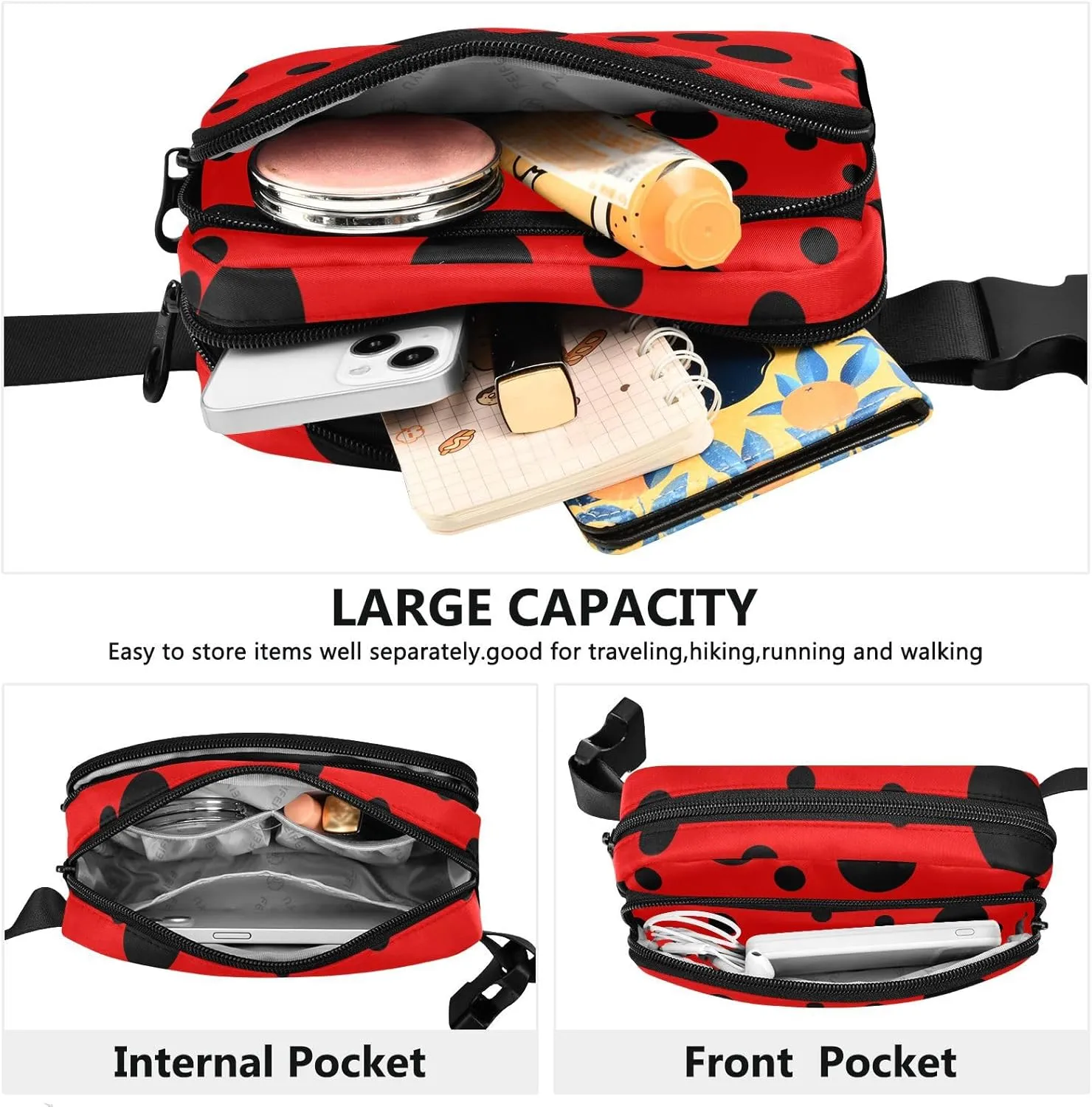 Ladybug Fanny Pack for Women Belt Bag Unisex Waterproof Adjustable Strap Waist Pouch Presents Casual Cycling Running Red