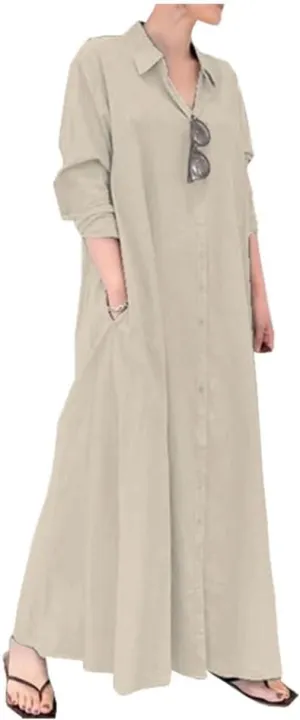 Ladyful Women's Button Down Cotton Linen Shirt Dress Long Sleeve Maxi Shirtdress Beach Summer Dress Pockets