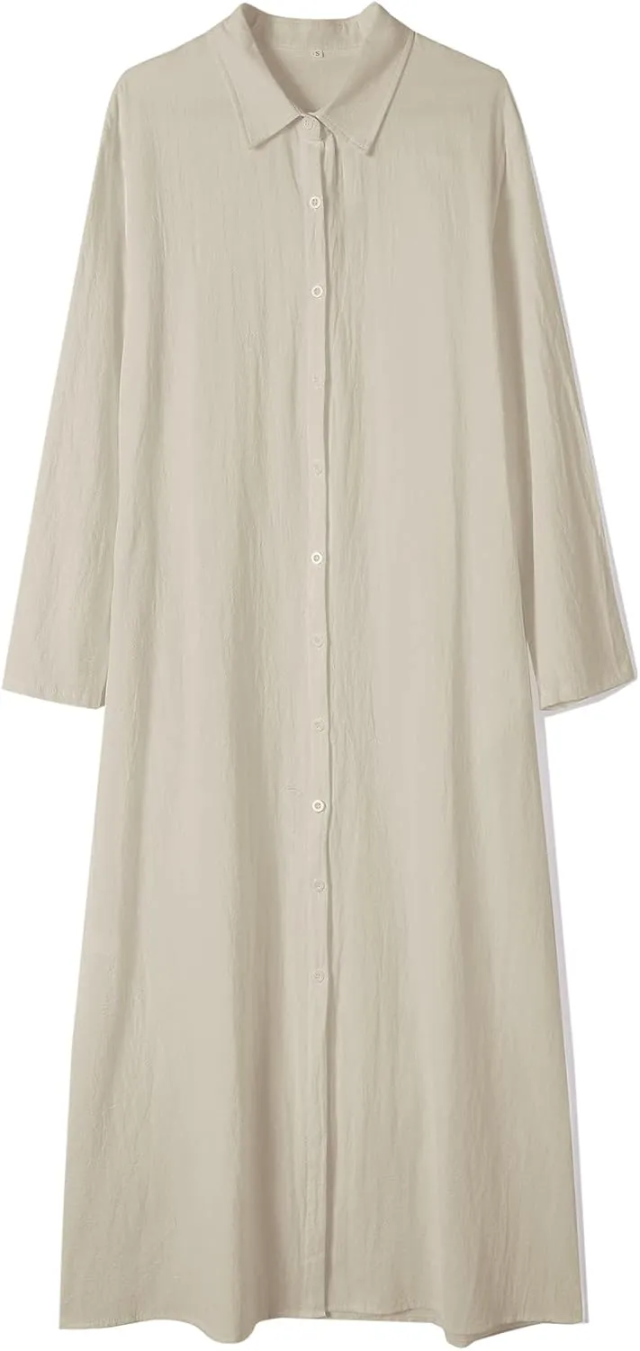 Ladyful Women's Button Down Cotton Linen Shirt Dress Long Sleeve Maxi Shirtdress Beach Summer Dress Pockets