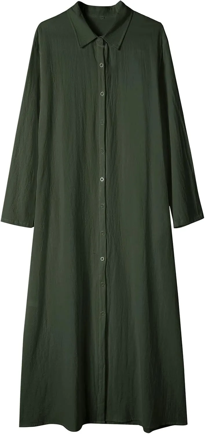 Ladyful Women's Button Down Cotton Linen Shirt Dress Long Sleeve Maxi Shirtdress Beach Summer Dress Pockets