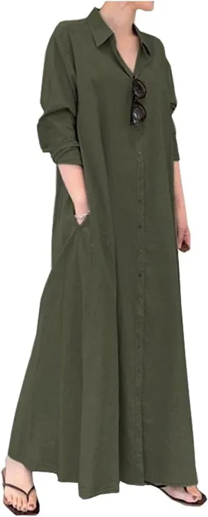 Ladyful Women's Button Down Cotton Linen Shirt Dress Long Sleeve Maxi Shirtdress Beach Summer Dress Pockets