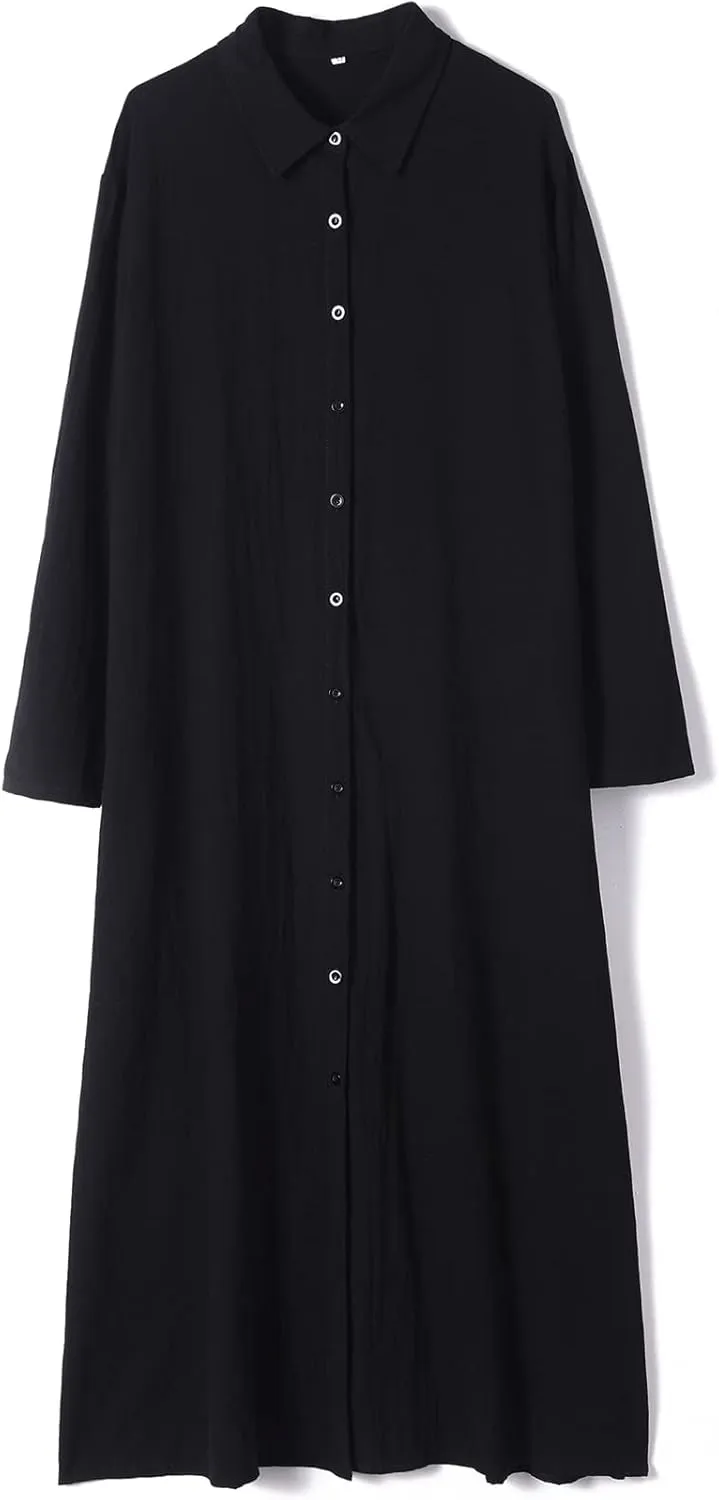 Ladyful Women's Button Down Cotton Linen Shirt Dress Long Sleeve Maxi Shirtdress Beach Summer Dress Pockets