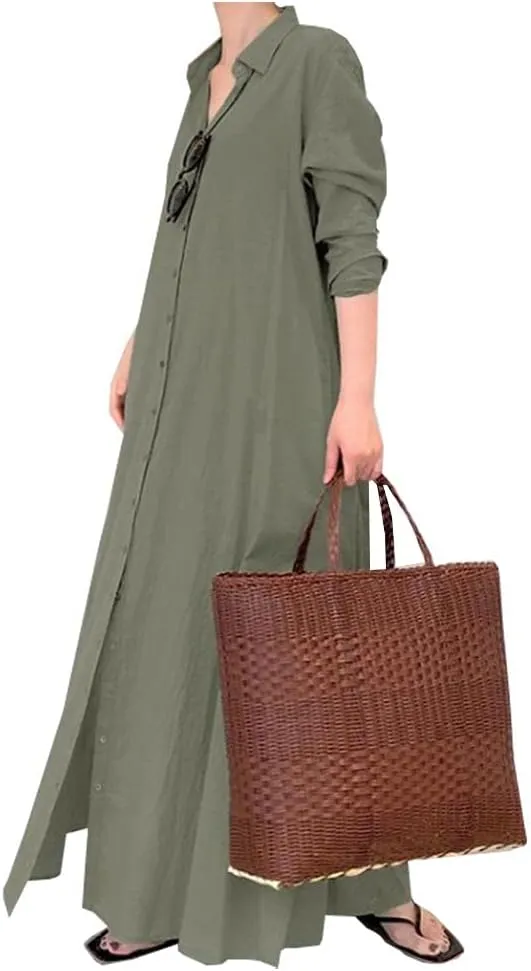 Ladyful Women's Button Down Cotton Linen Shirt Dress Long Sleeve Maxi Shirtdress Beach Summer Dress Pockets