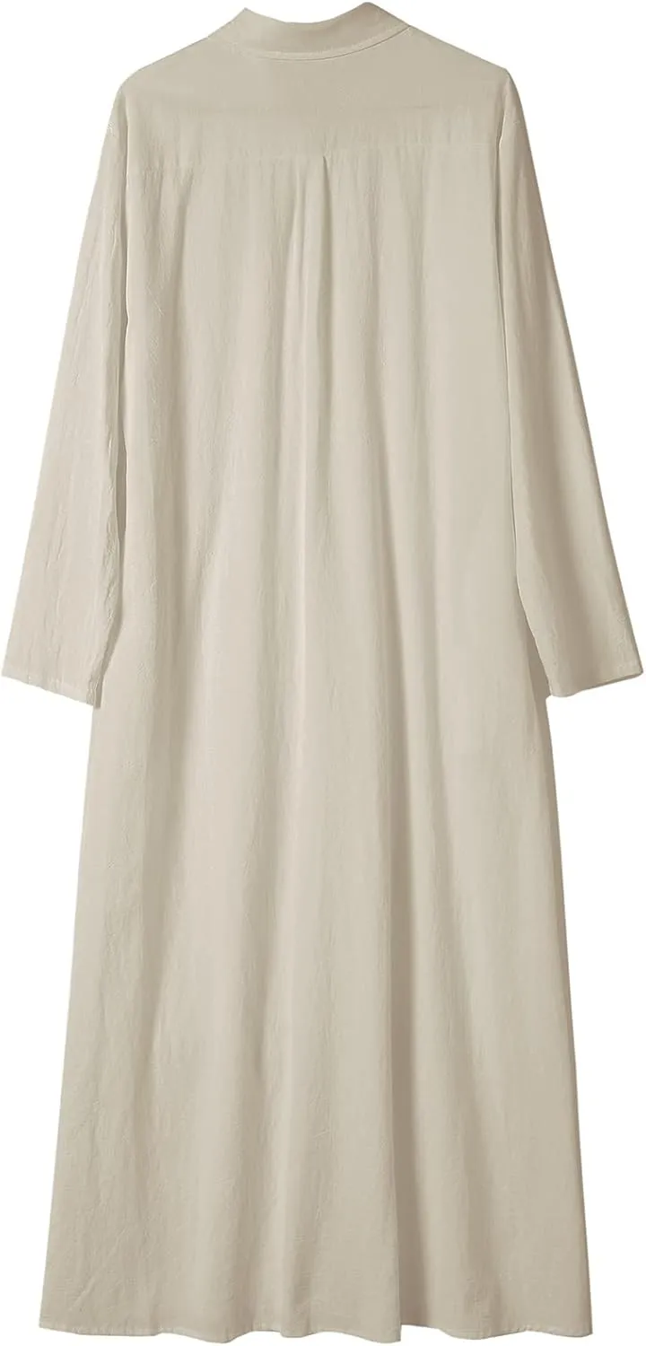 Ladyful Women's Button Down Cotton Linen Shirt Dress Long Sleeve Maxi Shirtdress Beach Summer Dress Pockets