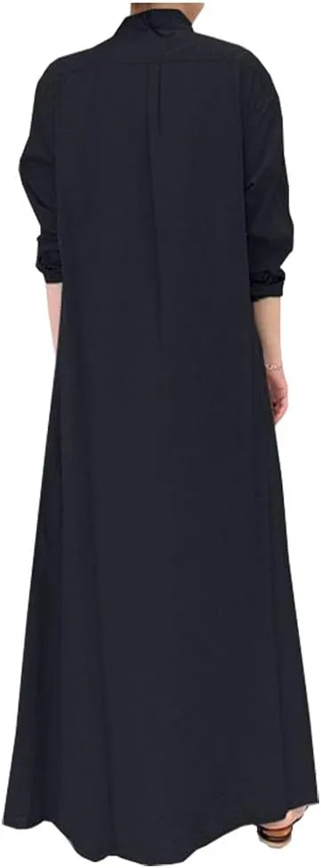 Ladyful Women's Button Down Cotton Linen Shirt Dress Long Sleeve Maxi Shirtdress Beach Summer Dress Pockets