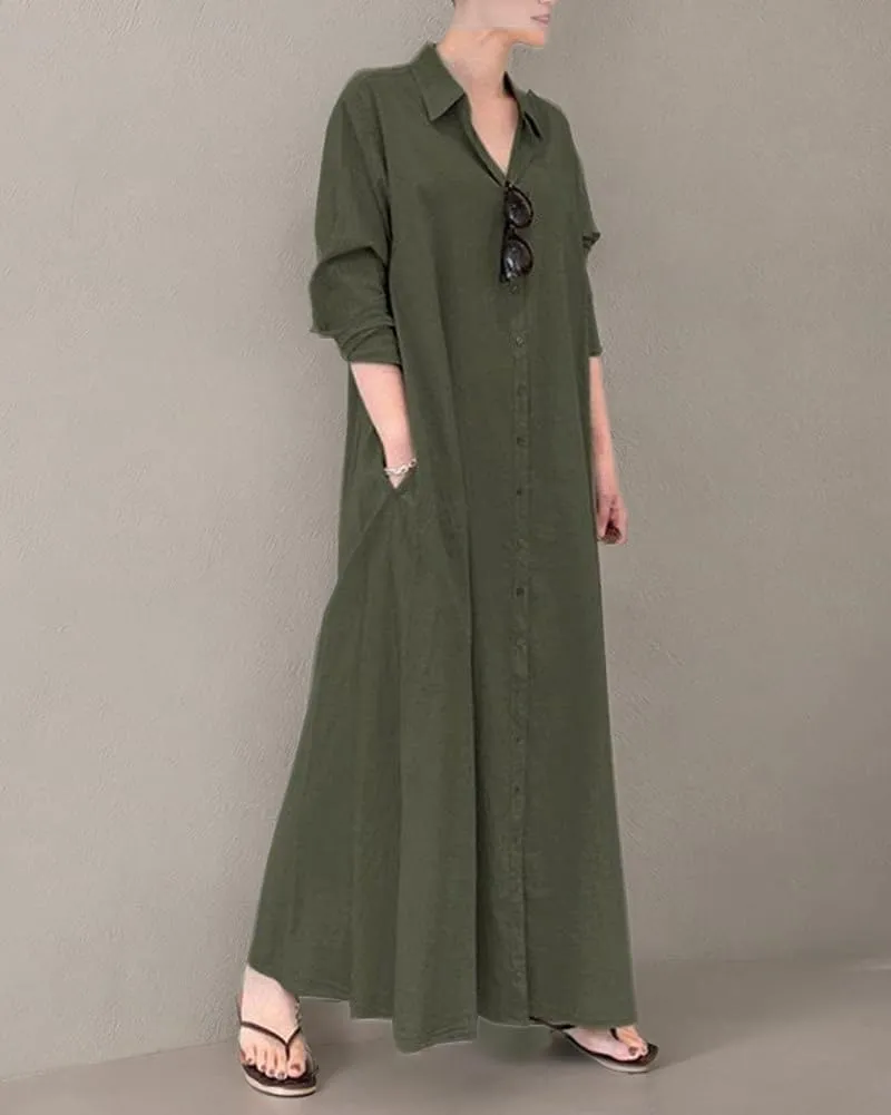 Ladyful Women's Button Down Cotton Linen Shirt Dress Long Sleeve Maxi Shirtdress Beach Summer Dress Pockets