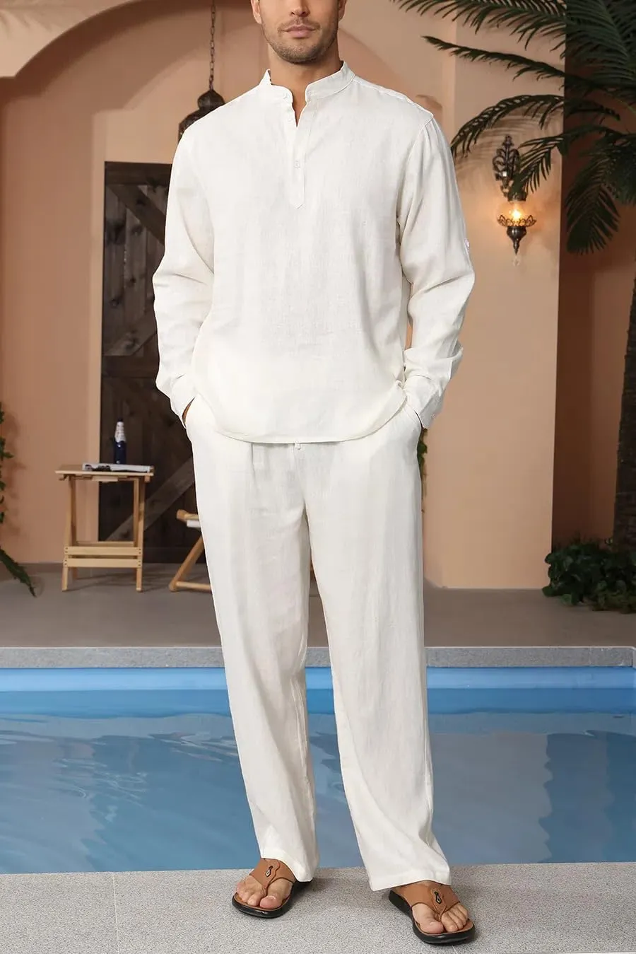 Lamgool Men’s Linen Set 2 Pieces Long Sleeve Button Henley Shirts Casual Drawstring Pants Summer Beach Yoga Outfits
