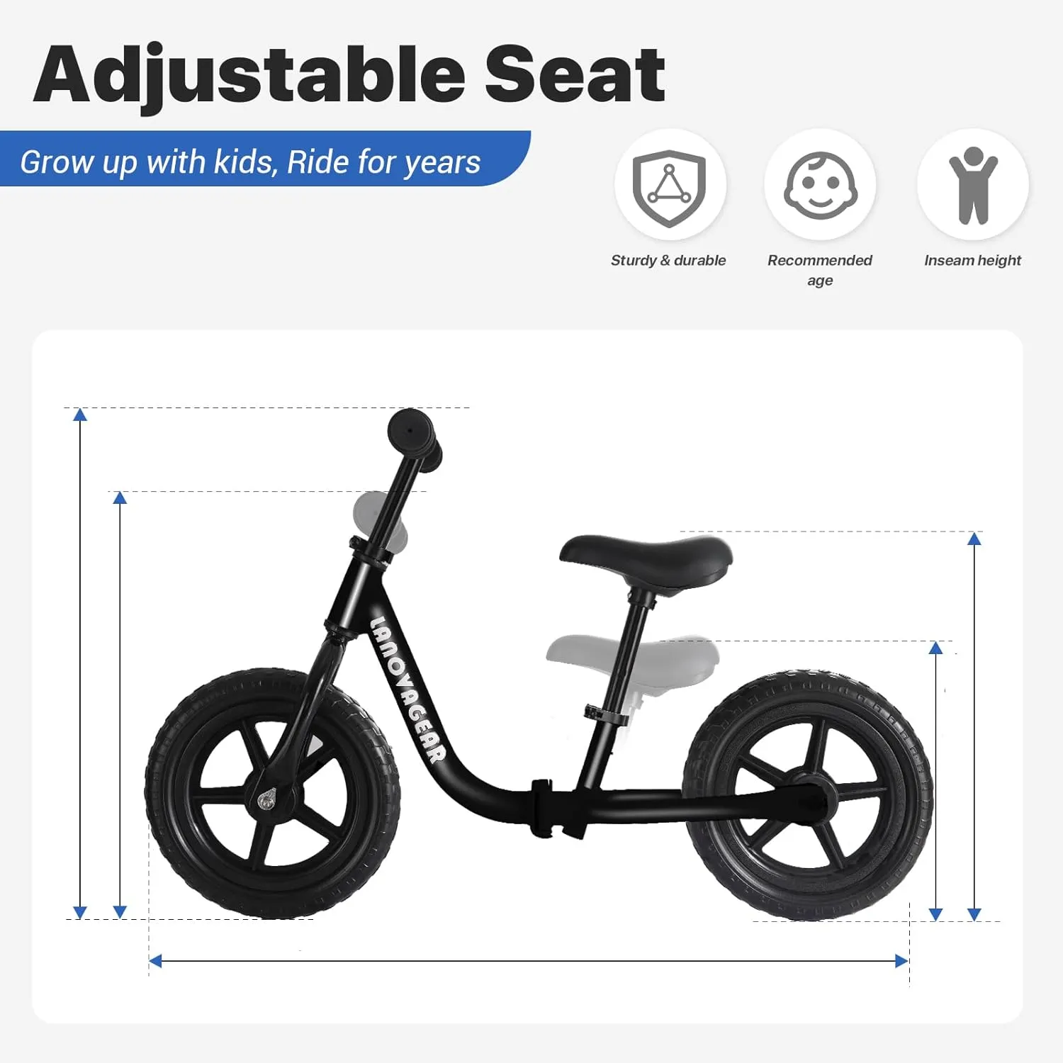 LANOVAGEAR 12” Sport Balance Bike for Kids Ages 18 Months to 5 Years Lightweight, Adjustable Seat, No-Pedal Design for Toddler Boys & Girls