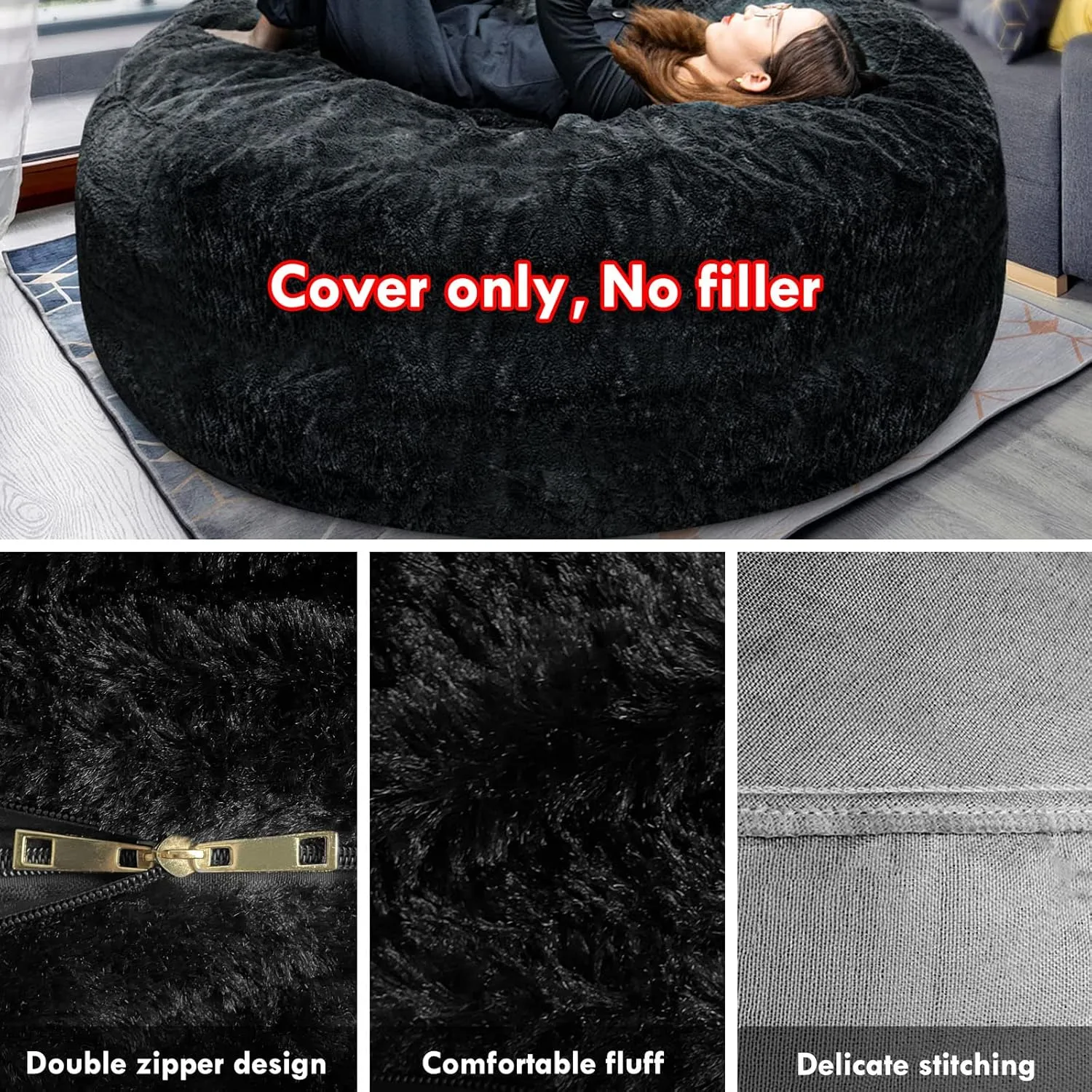 LapEasy Bean Bag Chair Cover(Cover Only,No Filler),Oversized Round Soft Fluffy PV Velvet Washable Lazy Sofa Bed Cover, Living Room Bedroom Furniture Outside Cover(Snow Grey)