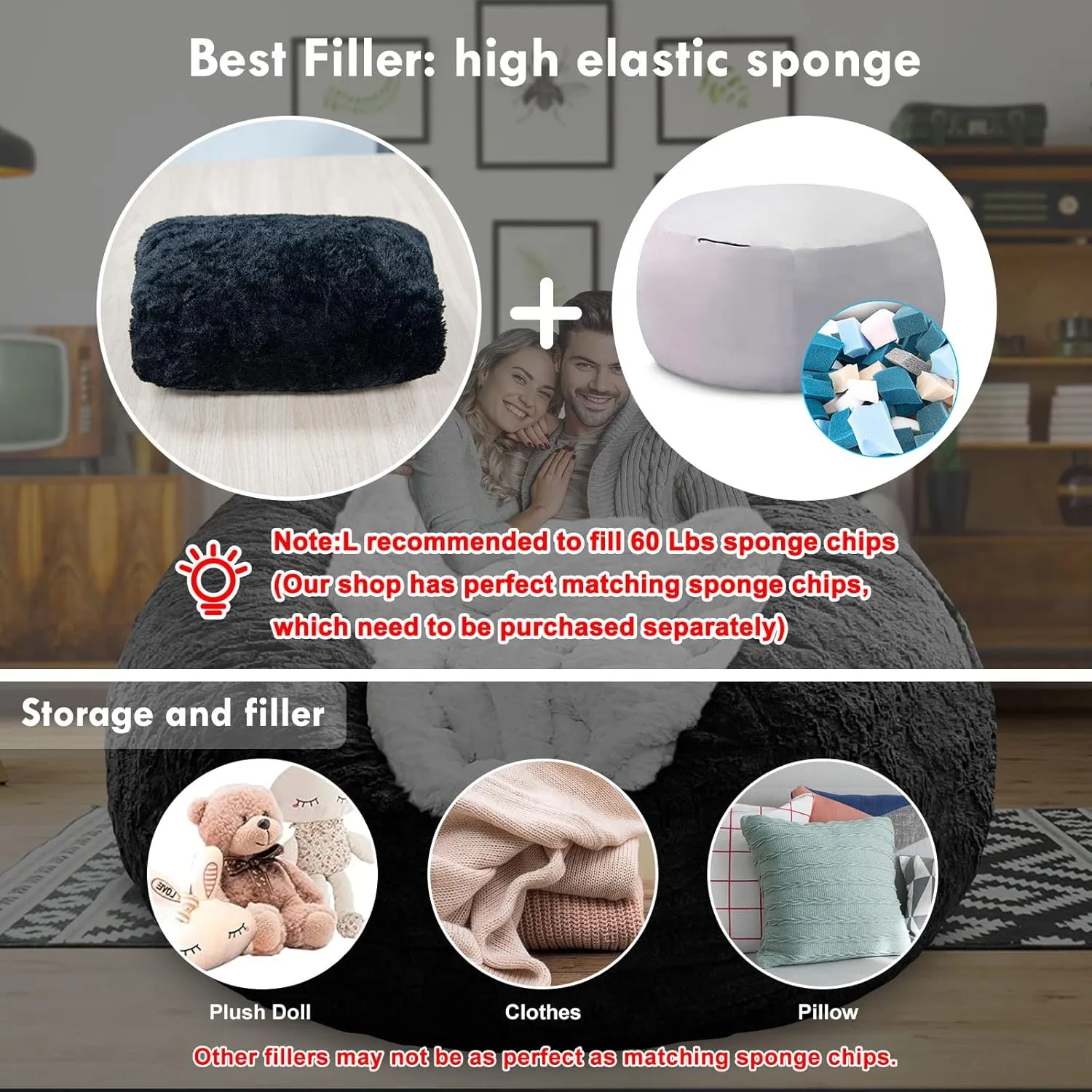 LapEasy Bean Bag Chair Cover(Cover Only,No Filler),Oversized Round Soft Fluffy PV Velvet Washable Lazy Sofa Bed Cover, Living Room Bedroom Furniture Outside Cover(Snow Grey)