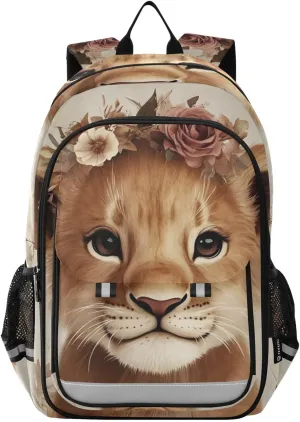 Large Backpack Cute Lion Garland Floral for Men Women Travel Laptop Daypack Book Bag Shoulder Bag Cute Cool Funny Backpack with Reflective Strip 12.9 ×17.7 In